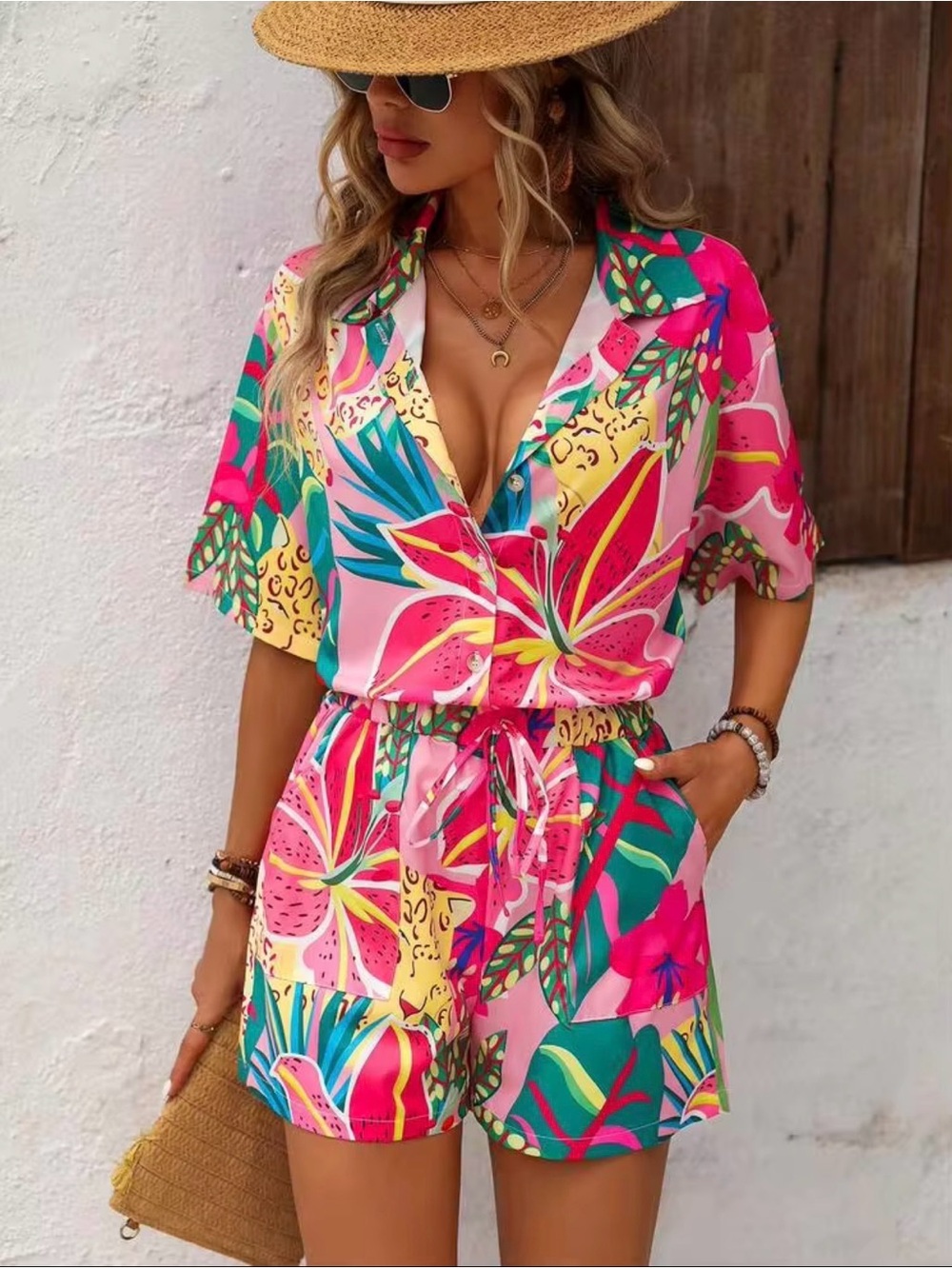 SHEIN Pink Tropical Floral Short Romper Coverup